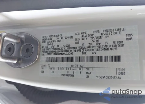 2021 Ford Escape Se z USA, uszkodzony, nr VIN 1FMCU0G68MUA92092